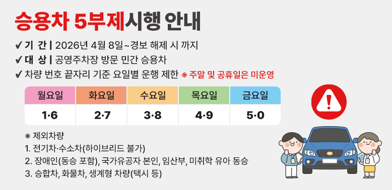 도봉구 공영주차장 승용차 5부제(요일제) 시행 안내<br />차량 번호 끝자리 기준 요일별 운행 제한<br />※ 주말 및 공휴일은 미운영
