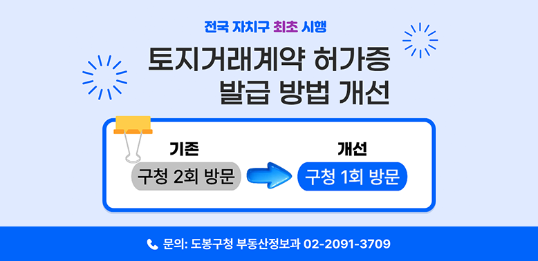 전국 자치구 최초 시행 토지거래계약 허가증 발급 방법 개선 기존 구청 2회 방문 -> 개선 구청 1회 방문 문의 도봉구청 부동산정보과 02-2091-3709