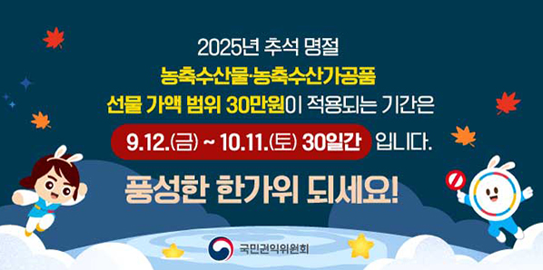 2025년 추석명절 청탁금지법 선물 바로알기<br />2025년 추석 명절<br />농축수산물·농축수산가공품<br />선물 가액 범위 30만원이 적용되는 기간은<br />9.12.(금)~ 10.11.(토) 30일간 입니다. - 새창열기