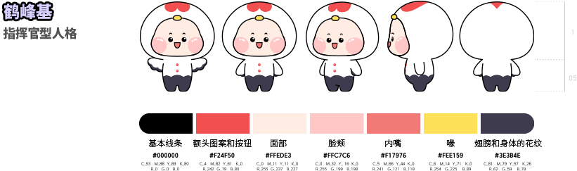 Hakbongi ENTJ Basic lines Color code #000 , Forehead Pattern & Buttons Color code #f24f50, Face Color code #ffede3, Cheeks Color code #ffc7c6, Inner Mouth Color code #f17676, Back Color code #f33159, Wings and Body Patterns Color code #3e3b4e, The ratio of head to body is 1:0.5