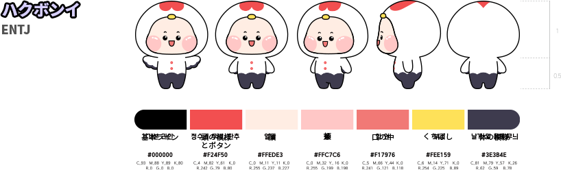 Hakbongi ENTJ Basic lines Color code #000 , Forehead Pattern & Buttons Color code #f24f50, Face Color code #ffede3, Cheeks Color code #ffc7c6, Inner Mouth Color code #f17676, Back Color code #f33159, Wings and Body Patterns Color code #3e3b4e, The ratio of head to body is 1:0.5