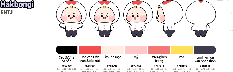 Hakbongi ENTJ Basic lines Color code #000 , Forehead Pattern & Buttons Color code #f24f50, Face Color code #ffede3, Cheeks Color code #ffc7c6, Inner Mouth Color code #f17676, Back Color code #f33159, Wings and Body Patterns Color code #3e3b4e, The ratio of head to body is 1:0.5