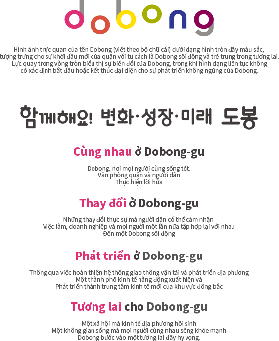The visual representation of Dobong’s name (written in alphabet) in a colorful circular form, symbolizes the district’s new beginning as the vibrant and youthful future Dobong. The rotating force within the circle signifies Dobong’s transformation, while the continuous shape with no defined beginning or end represents the ongoing growth of Dobong. 함께해요! 변화 성장 미래 도봉 Together in Dobong-gu : Dobong, where everyone lives well together. A District Office together with the residents To fulfill promises, Growth in Dobong-gu : Through completion of local development and transportation system A dynamic economic city emerges and  Grow into the new economic center of the Northeastern region, Changes in Dobong-gu : Real changes that residents can feel Jobs, businesses and people come together once again To a vibrant Dobong, Future in Dobong-gu : A society where the local economy revitalizes A living space where everyone lives together in good health Dobong leaps into a hopeful future.