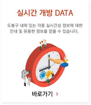 실시간 개방 DATA: 도봉구 내에 있는 각종 실시간성 정보에 대한 안내 및 유용한 정보를 얻을 수 있습니다. 바로가기